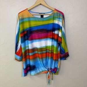 Ali Miles Colorful Art Top Womens Large Rainbow Tie Front Dolman 3/4 Sleeve